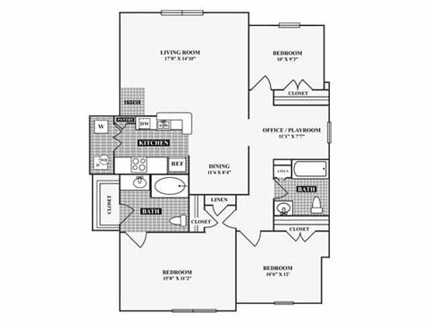 Floor plan for 3 beds, 2 baths, 1295 sqft